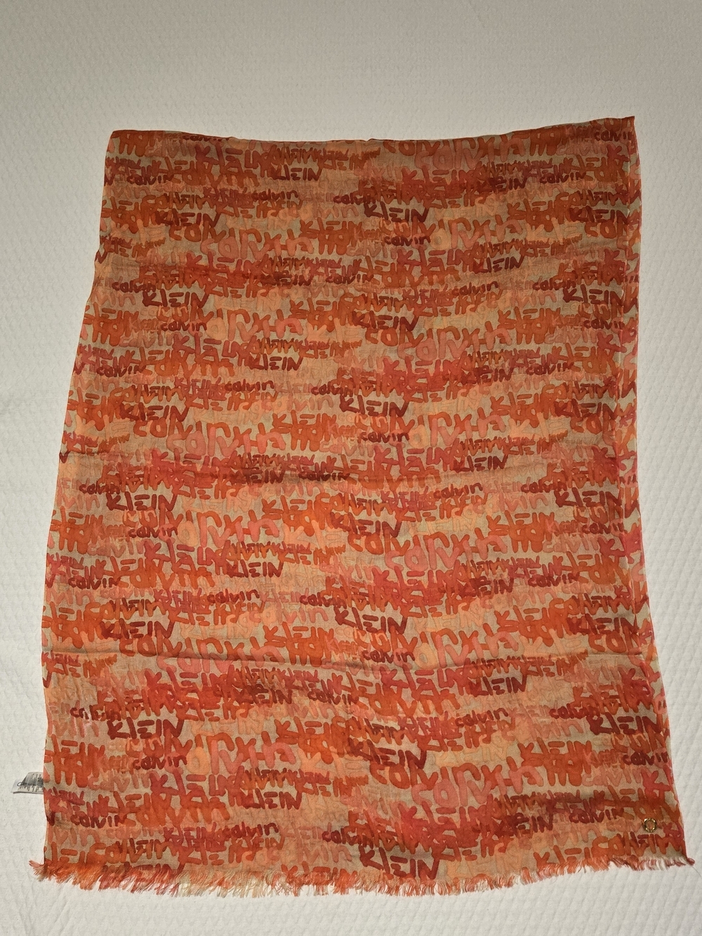 Calvin Klein Orange and Coral Abstract Fringed Scarf